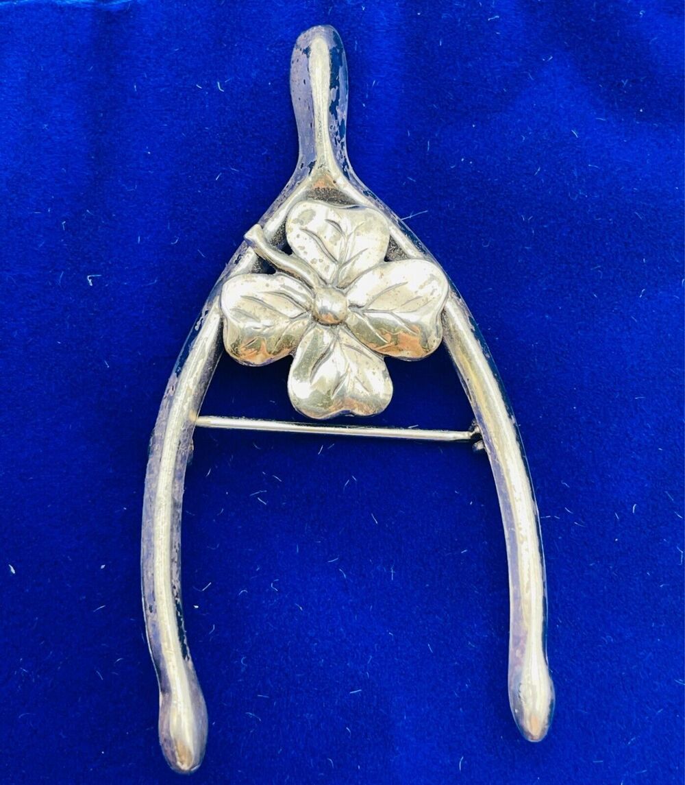 Vintage Sterling Silver Wishbone Brooch 4 Leaf Clover Repousse Pin Good Luck